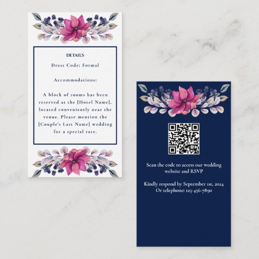 Fuchsia Roze Marine Details Behuizing QR Code RSVP Informatiekaartje (Voorkant / Achterkant)