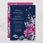 Fuchsia Roze Marineblauw Bloemige Trouwbudget Kaart (Voorkant / Achterkant)