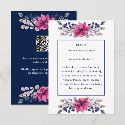 Fuchsia Roze Navy Details Bijlage QR Code RSVP Kaartje (Voorkant / Achterkant)