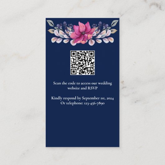 Fuchsia Roze Navy Details Enclosure RSVP QR Code Informatiekaartje (Achterkant)