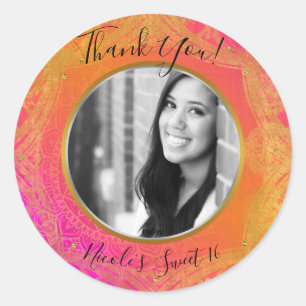 Fuchsia Roze Oranje Goud Mandala FOTO Feest Ronde Sticker