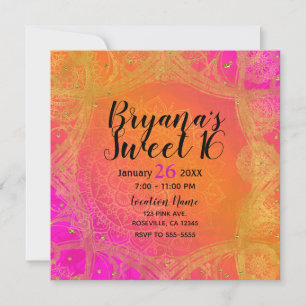 Fuchsia Roze Oranje & Gouden Indiase Mandala Feest Kaart