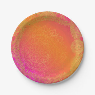 Fuchsia Roze Oranje & Gouden Indiase Mandala Feest Papieren Bordje