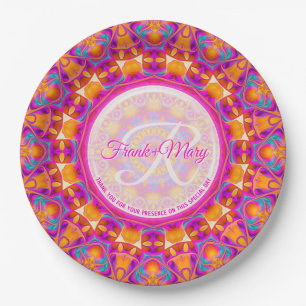 Fuchsia Roze Oranje Partij Mandala Monogram Papieren Bordje