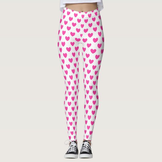 Fuchsia roze polka harten wit leggings (Voorkant)