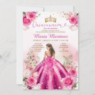 Fuchsia Roze Prinses Floral Goud Quinceañera Kaart