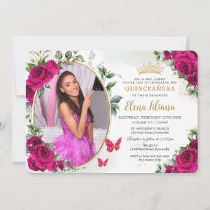 Fuchsia Roze Rozen Bloemrijke Quinceañera Foto Kaart