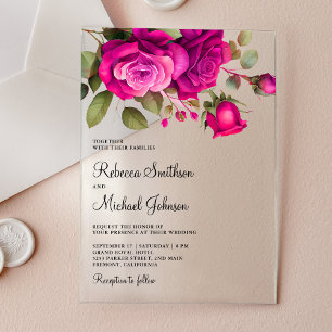 Fuchsia Roze Rozen Bruiloft Acryl Uitnodigingen