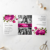 Fuchsia Roze Rozen Foto Collage Bruiloft Drieluik Uitnodiging (Binnen)
