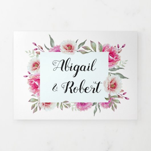 Fuchsia roze waterverf bloemenbruiloft drieluik uitnodiging (Cover)