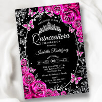 Fuchsia Roze Zilver Zwart Rozen Quinceanera