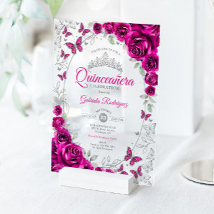 Fuchsia Roze Zilveren Bloem Quinceanera Acryl Uitnodigingen