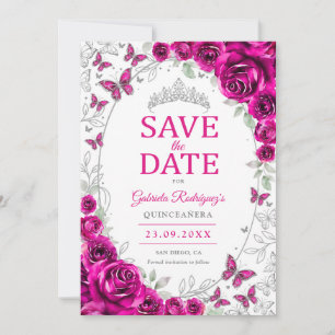 Fuchsia Roze Zilveren Bloemige Quinceanera Save The Date