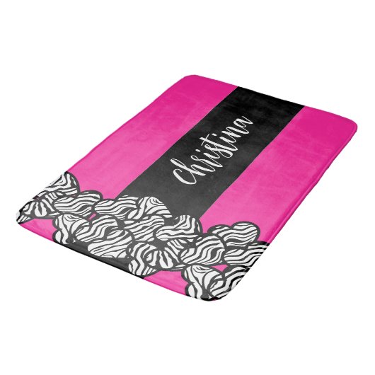 Fuchsia roze zwart wit zebra patroon hart naam badmat (Gekanteld)