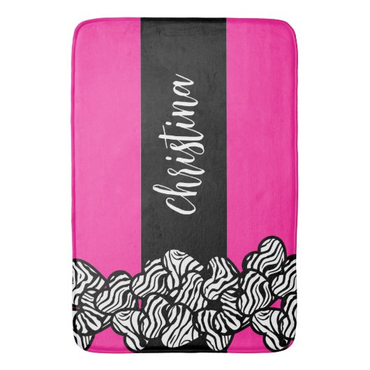 Fuchsia roze zwart wit zebra patroon hart naam badmat (Voorkant Verticaal)