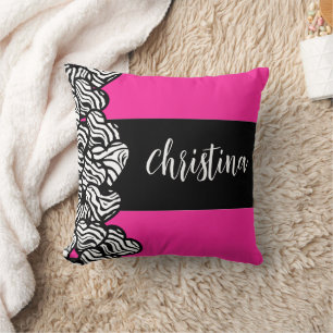 Fuchsia roze zwart wit zebra patroon hart naam kussen