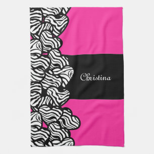 Fuchsia roze zwart wit zebra patroon hart naam theedoek