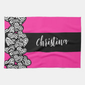Fuchsia roze zwart wit zebra patroon hart naam theedoek (Horizontaal)