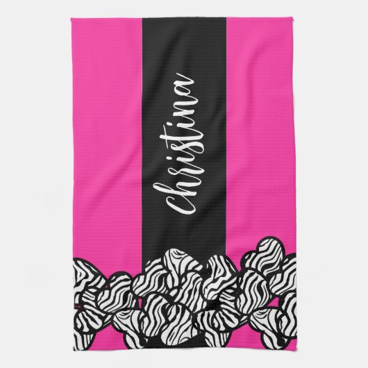 Fuchsia roze zwart wit zebra patroon hart naam theedoek (Verticaal)