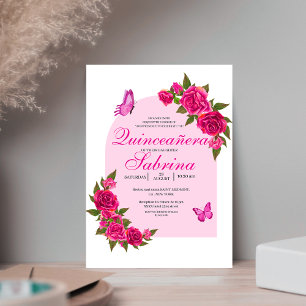 Fuchsia Rozen & Vlinderboog Quinceañera Kaart