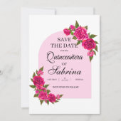 Fuchsia Rozen & Vlinderboog Quinceañera Save The Date (Voorkant)