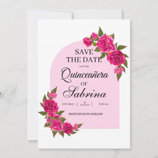 Fuchsia Rozen & Vlinderboog Quinceañera Save The Date (Voorkant)