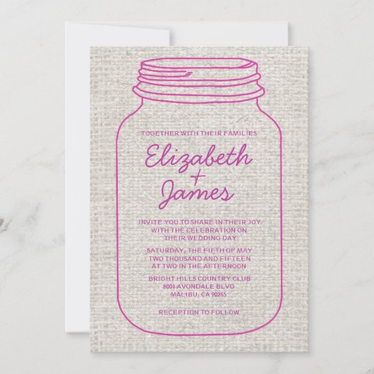 Fuchsia Russe Burlap Mason Jar Faire-part de maria (Devant)