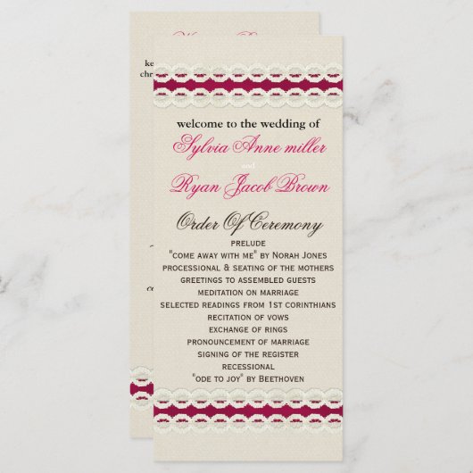 Fuchsia Rustic burlap en lace bruiloft Programma (Voorkant / Achterkant)