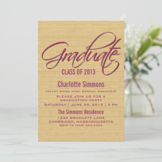 Fuchsia Rustic Script Invitation de graduation (Debout devant)