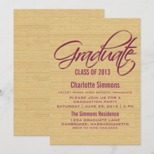 Fuchsia Rustic Script Invitation de graduation (Devant / Derrière)
