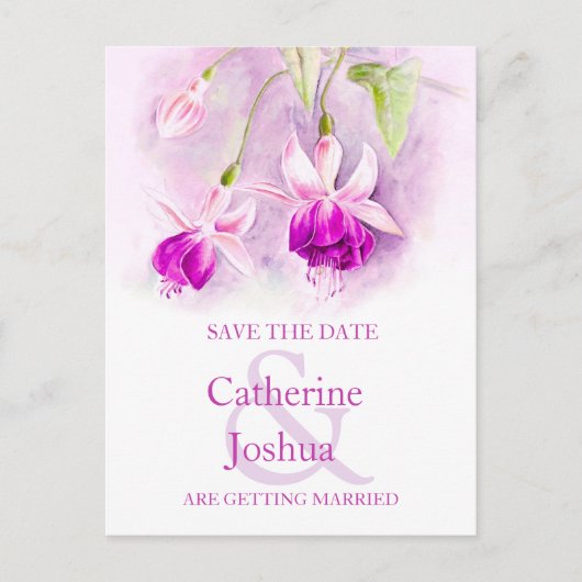 Fuchsia schilderde paarse bloem op de datumkaart aankondigingskaart (Voorkant)