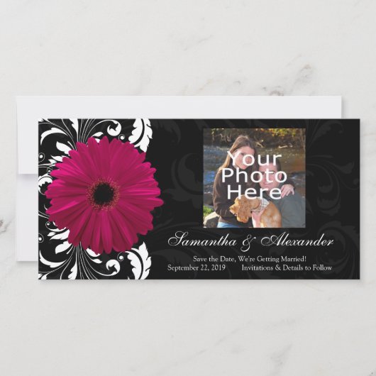 Fuchsia Scroll Gerbera Daisy met Zwart en Wit Save The Date (Voorkant)