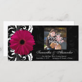 Fuchsia Scroll Gerbera Daisy met Zwart en Wit Save The Date (Voorkant / Achterkant)