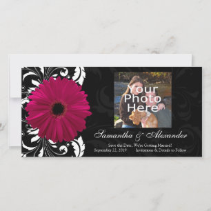 Fuchsia Scroll Gerbera Daisy met Zwart en Wit Save The Date