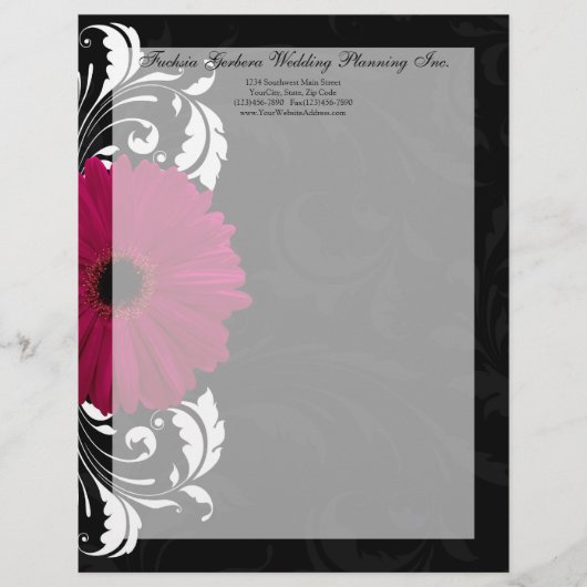 Fuchsia Scroll Gerbera Daisy w/Black en White Gepersonaliseerd Briefhoofd (Voorkant)