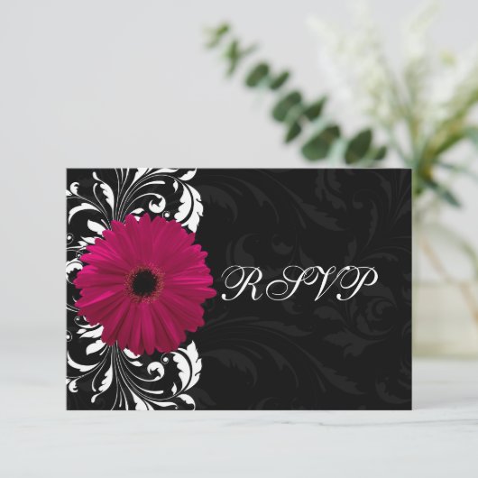 Fuchsia Scroll Gerbera Daisy w/Black en White RSVP Kaartje (Staand voorkant)
