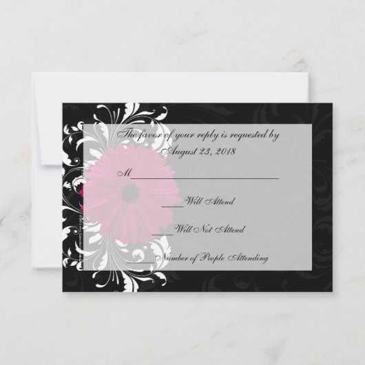 Fuchsia Scroll Gerbera Daisy w/Black en White RSVP Kaartje (Achterkant)