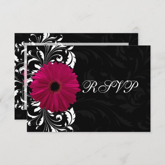 Fuchsia Scroll Gerbera Daisy w/Black en White RSVP Kaartje (Voorkant / Achterkant)