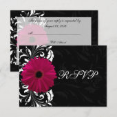 Fuchsia Scroll Gerbera Madelief met Zwart en Wit RSVP Kaartje (Voorkant / Achterkant)