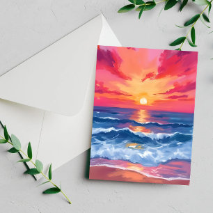 Fuchsia Shore Sunset Oceaan Golven Aquarel Kaart