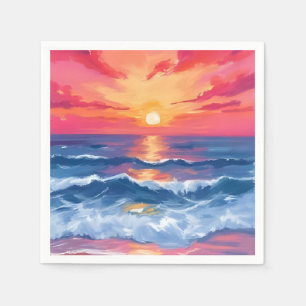 Fuchsia Shore Sunset Oceaan Golven Aquarel Servet