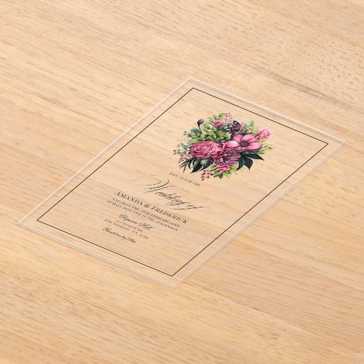 Fuchsia, smaragdgroen en zwarte bloemen bruiloft acryl uitnodigingen (Laagn)
