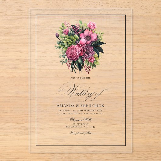 Fuchsia, smaragdgroen en zwarte bloemen bruiloft acryl uitnodigingen (Voorkant)