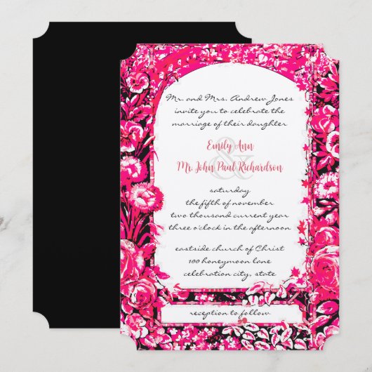 Fuchsia Victorian Rose Wedding Invitations (Devant / Derrière)
