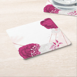 fuchsia & white floral bruiloft vierkante kartonnen onderzetter