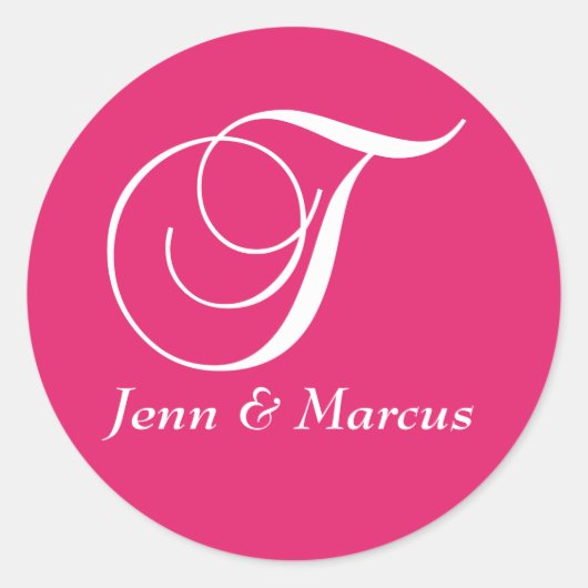 Fuchsia Wit Monogram T Namen Bruiloft Sticker (Voorkant)