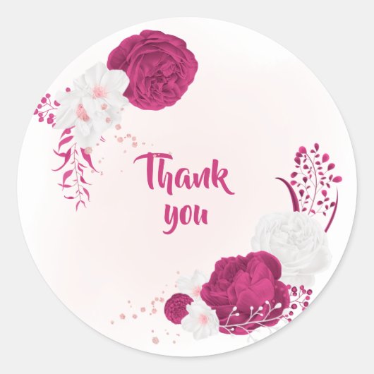Fuchsia & witte bloemen dank u ronde sticker (Voorkant)