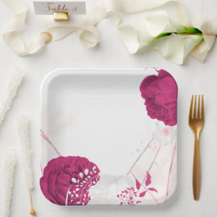 fuchsia & witte bloemige bruiloft papieren bordje