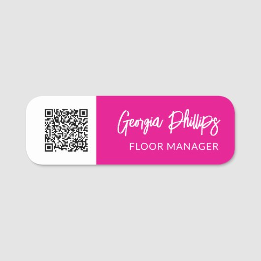 Fuchsia & Witte QR Code Brush Script Naamplaatje (Voorkant)