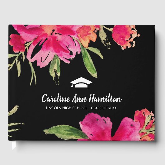 Fuchsia | Zwart bloemig Afstuderen Gastenboek (Voorkant)